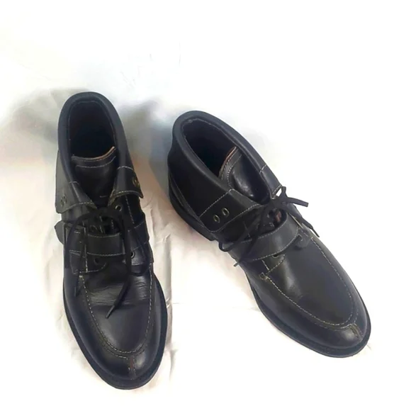 Vintage Johnston & Murphey Black Leather Foldover Boots With Buckle - Picture 1 of 10